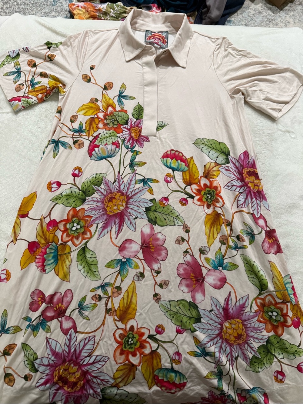 Johnny Was Beige Floral Polo Midi Dress size medium d77